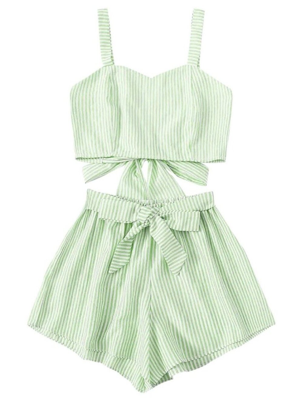 SweatyRocks 2PC Summer Green Stripe Matching Set Tank And Shorts Lightweight S